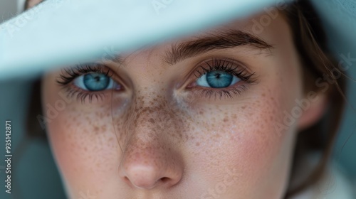  A close-up of a woman's face with freckled hair and faintly freckled eyes photo