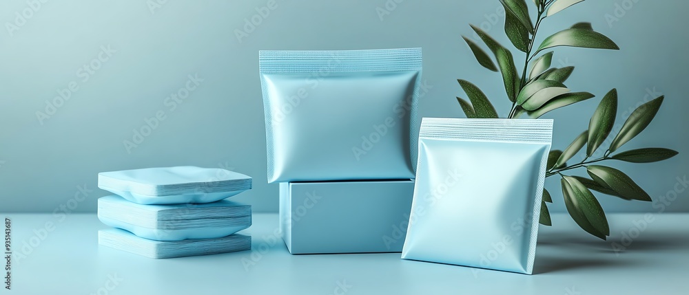 Matte sky blue box for face mask sachets, same size as a singleuse sachet, with a matching sachet displayed outside, background color E1F6FF Matte sky blue box for face mask sachets, same size as a singleuse sachet, with a matching sachet displayed outside, background color E1F6FF