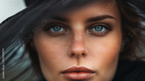  A tight shot of a woman's face Her blue eyes gaze intently She wears a black hat atop her head