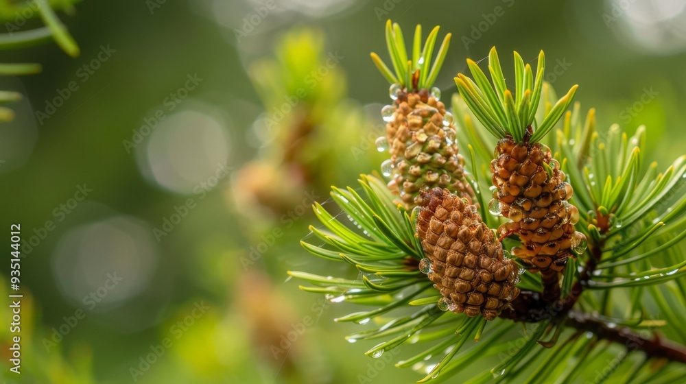 needles dotted with water droplets, background softly blurred needles dotted with water droplets, background softly blurred