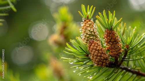 needles dotted with water droplets, background softly blurred