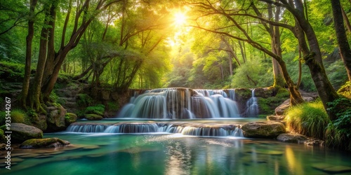 lazy summer afternoon, idyllic forest setting, warm dappled light, soft water ripples, dreamy atmosphere, pastel green surroundings, gentle waterfall, peaceful retreat, serenity found