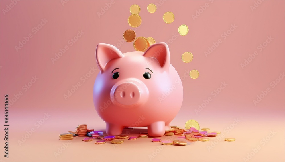 A charming pink piggy bank surrounded by shiny coins, symbolizing savings and financial growth in a playful, colorful setup. A charming pink piggy bank surrounded by shiny coins, symbolizing savings and financial growth in a playful, colorful setup.
