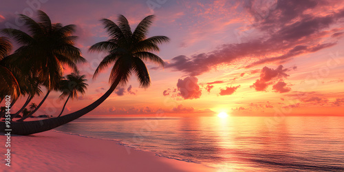 Beach Sunset with Palm Trees