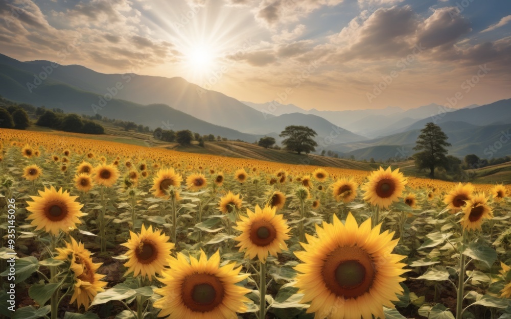 Obraz premium Stunning Landscape: Sunflower Field with Mountain View, Bright Y