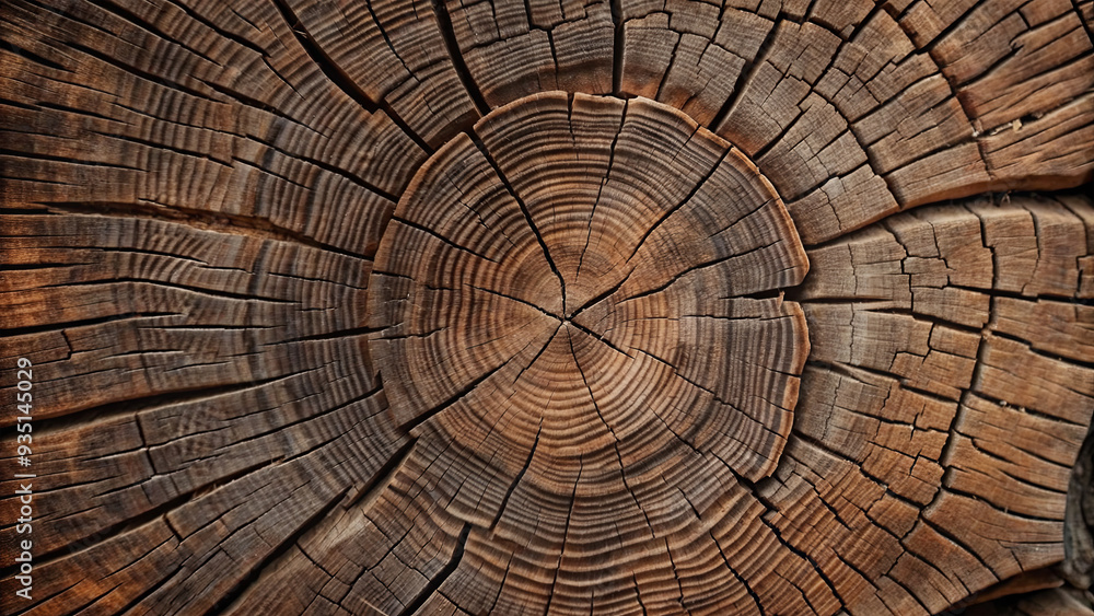 Naklejka premium The detailed texture of an aged tree stump showcases distinct growth rings, revealing the history and age of the wood through lines and patterns formed over time