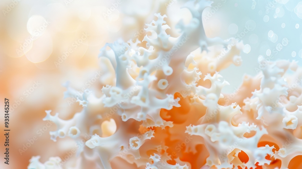 A tight shot of numerous snowflakes against a white and orange backdrop, featuring a blue sky in the distance A tight shot of numerous snowflakes against a white and orange backdrop, featuring a blue sky in the distance