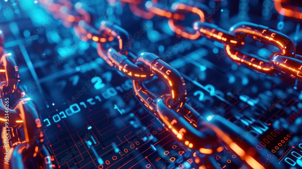 Glowing Chain Links on a Circuit Board Background Glowing Chain Links on a Circuit Board Background
