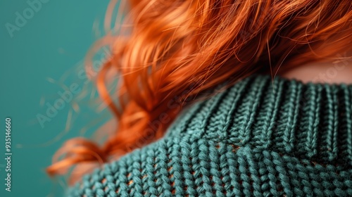  A woman with red hair gazes off in the distance, clad in a green knitted sweater in a tight close-up photo