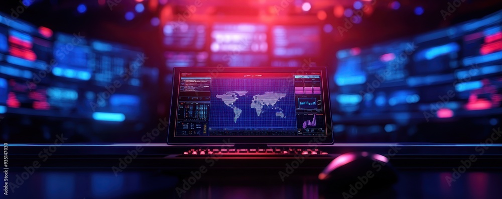A futuristic workspace featuring a laptop displaying a digital world map and vibrant screens, ideal for technology themes. A futuristic workspace featuring a laptop displaying a digital world map and vibrant screens, ideal for technology themes.