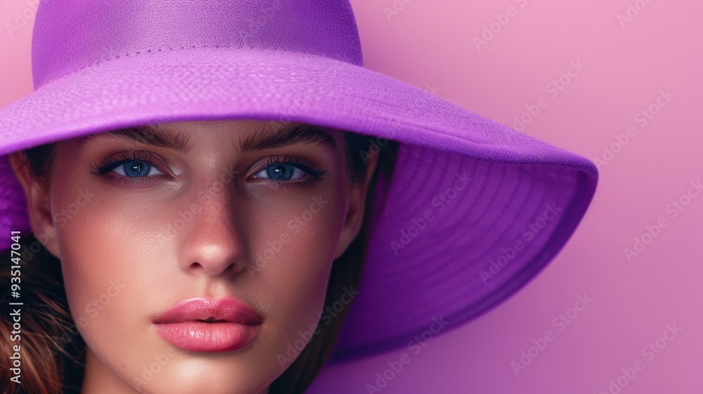 A women in a purple hat, her pink lips contrasting against it Behind her, a pink wall A women in a purple hat, her pink lips contrasting against it Behind her, a pink wall