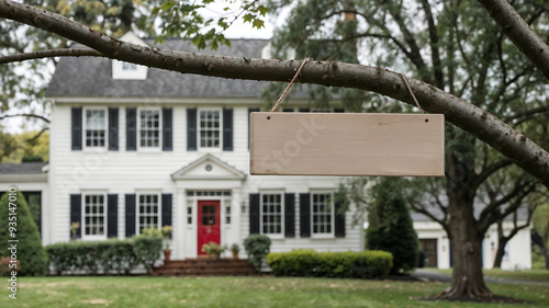 Rustic and Elegant Wooden Signboards in Charming Garden Settings with Cottage and Country Home Backdrops, Wood Sign Board, House Name Wooden Plate Hanging On A Tree Copy Space, Empty Name Plate Mockup