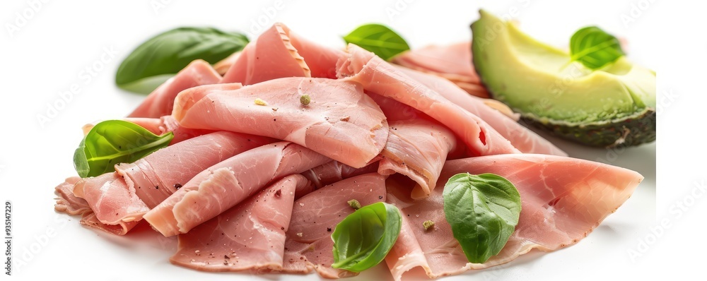 Sliced ham and greens arranged on a white background. Sliced ham and greens arranged on a white background.