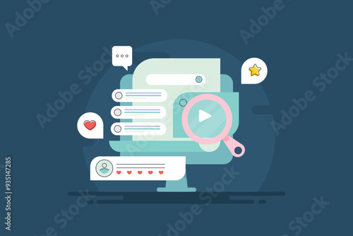 Content creation and optimization for search engine, display contextual links and video on web browser, digital strategy for e-business, vector illustration concept.