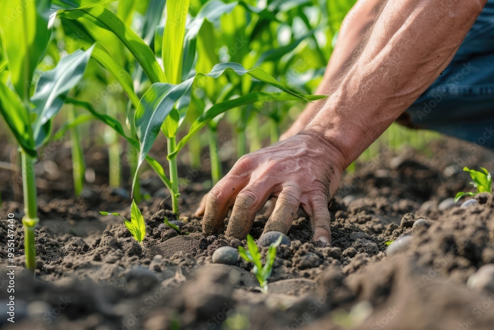 Farmer's Hand in the Soil of a Corn Field Farmer's Hand in the Soil of a Corn Field