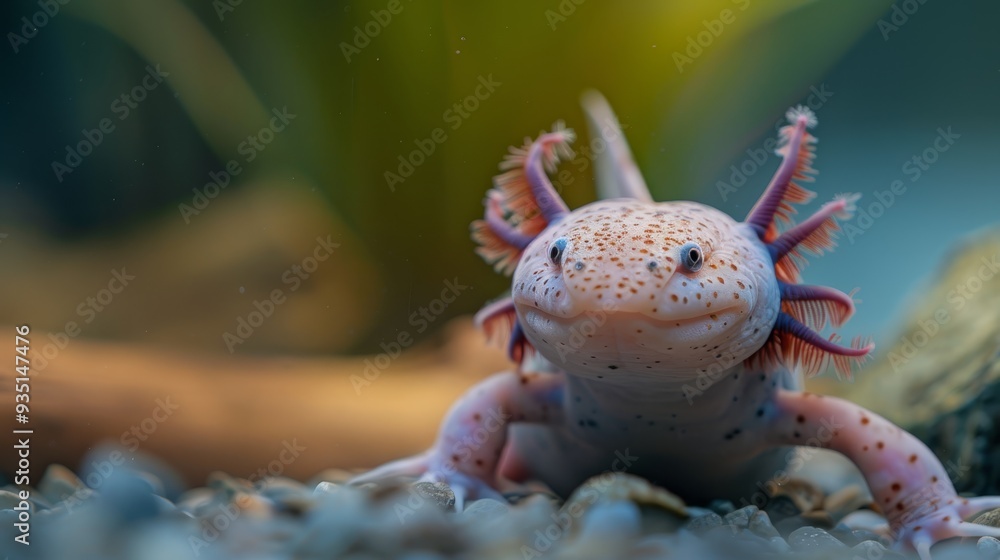 A tight shot of a gecko perched on a rock, surrounded by a plant-filled background, and a clear pool of water in the foreground A tight shot of a gecko perched on a rock, surrounded by a plant-filled background, and a clear pool of water in the foreground
