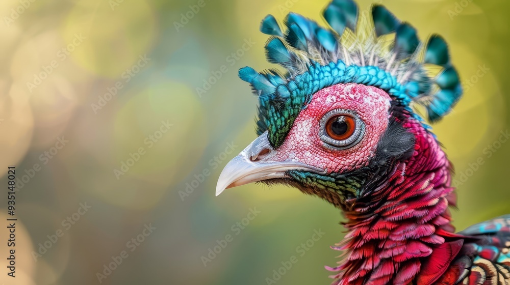 A tight shot of a vibrant bird, its head adorned with feathers, against a hazy backdrop A tight shot of a vibrant bird, its head adorned with feathers, against a hazy backdrop