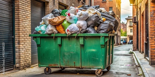 An open garbage dumpster with overflowing trash bags in an urban setting photo