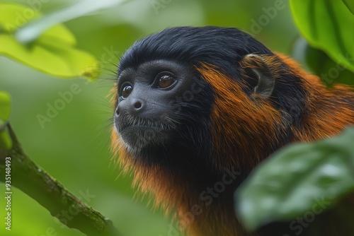 Majestic red--black monkey in lush green foliage