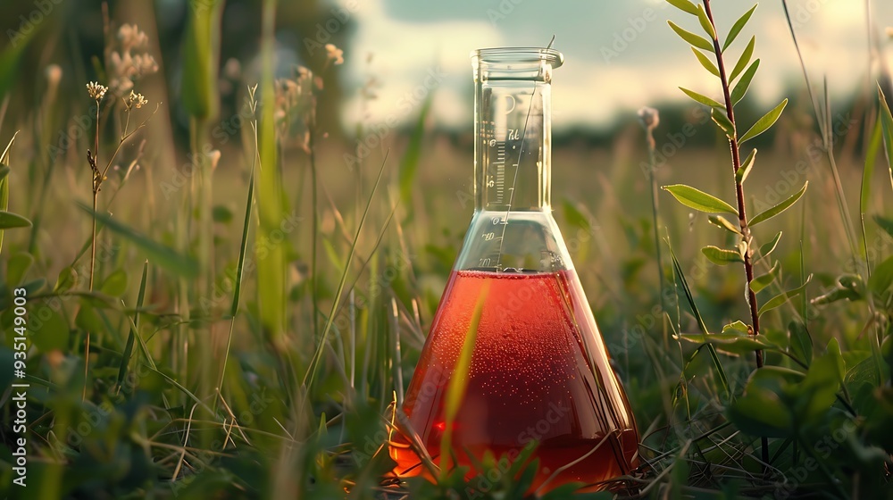 Flask for an organic research using red sulfur water outside