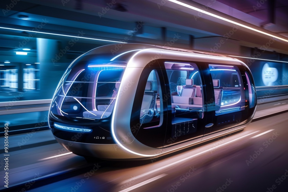A cutting-edge train moves through a tunnel, emphasizing its futuristic aesthetics and the advanced technology of rail travel, A self-driving pod delivering passengers A cutting-edge train moves through a tunnel, emphasizing its futuristic aesthetics and the advanced technology of rail travel, A self-driving pod delivering passengers