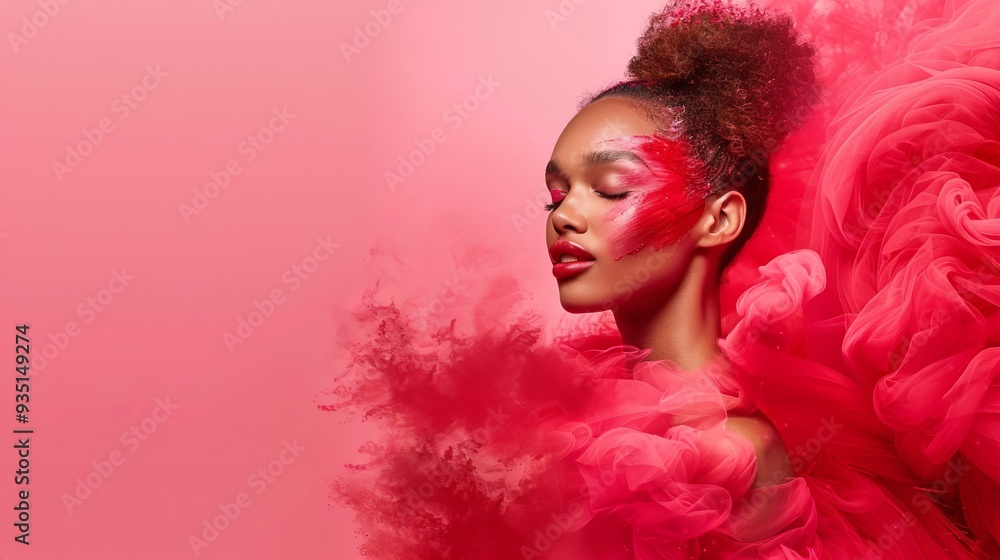 Fototapeta premium A woman in a pink dress, feather headpiece, closed eyes, and wind-blown hair