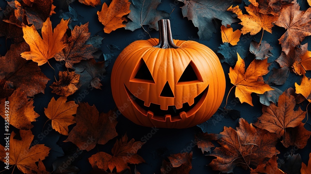 Jack-o'-Lantern's Grin: A carved pumpkin glows amidst a vibrant autumnal tapestry of fallen leaves, embodying the spirit of Halloween. Jack-o'-Lantern's Grin: A carved pumpkin glows amidst a vibrant autumnal tapestry of fallen leaves, embodying the spirit of Halloween.