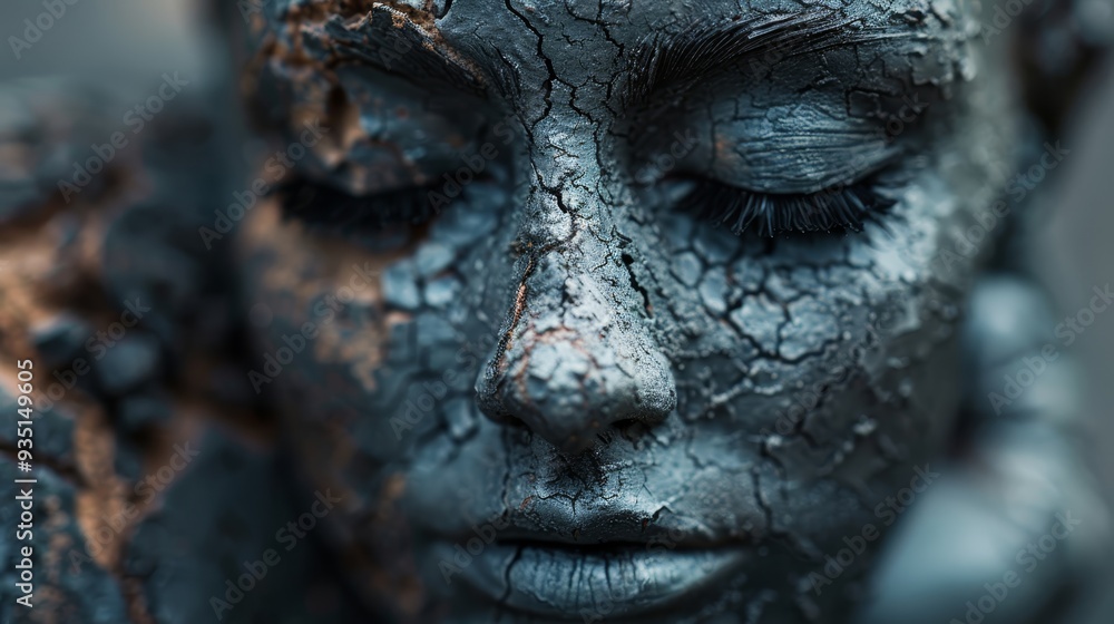 eyes hidden behind thick mud smears Mud cakes cover her features eyes hidden behind thick mud smears Mud cakes cover her features