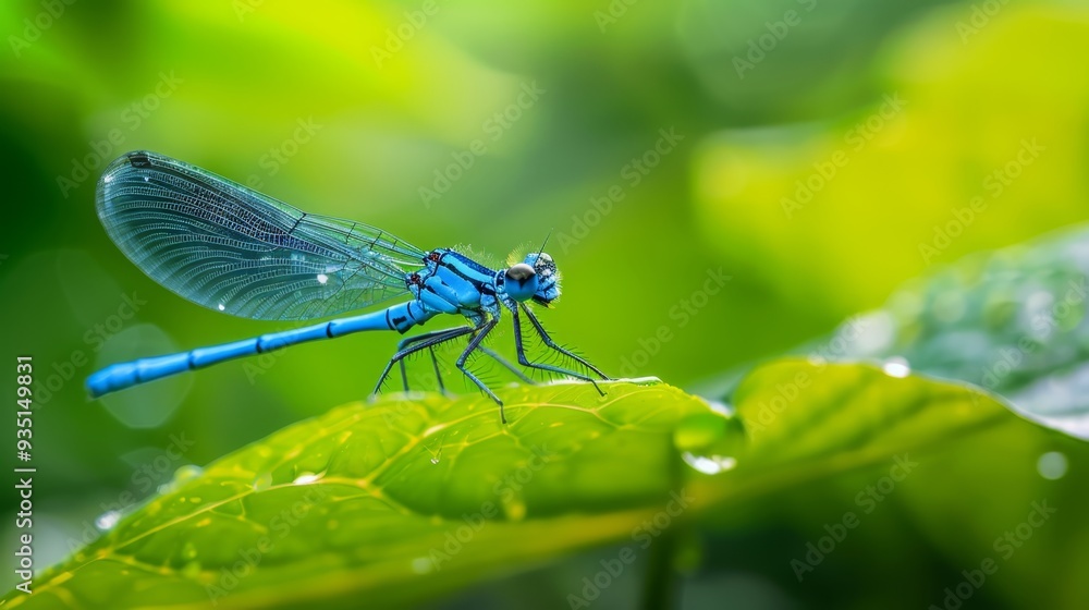 A blue dragonfly perches on a green leaf, its wings dotted with water droplets A blue dragonfly perches on a green leaf, its wings dotted with water droplets