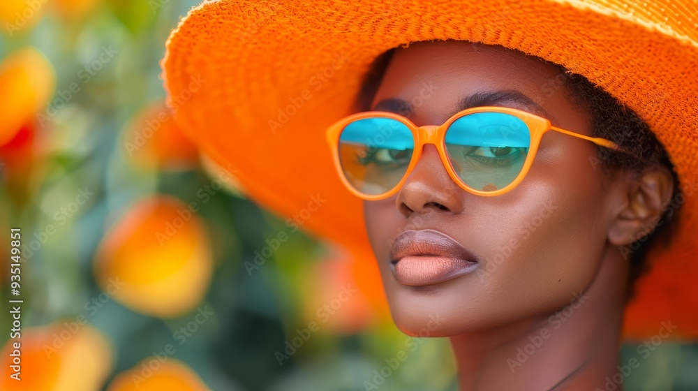 A tight shot of a person donning a hat and sunglasses against an backdrop of vibrant orange flowers Another woman, similarly attired, is seen up close with her orange hat A tight shot of a person donning a hat and sunglasses against an backdrop of vibrant orange flowers Another woman, similarly attired, is seen up close with her orange hat