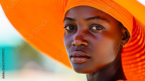  A woman wears a bright orange hat with a wide brim Another hat sits atop it