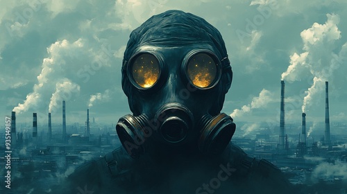 Illustration of the Earth wearing a gas mask surrounded by factory smokestacks symbolizing the need to reduce air pollution and greenhouse gases to fight Climate Change photo