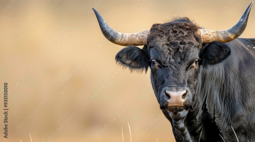 A black bull with massive horns gazes at the camera from a lush grassy field, eyes bright with alertness A black bull with massive horns gazes at the camera from a lush grassy field, eyes bright with alertness