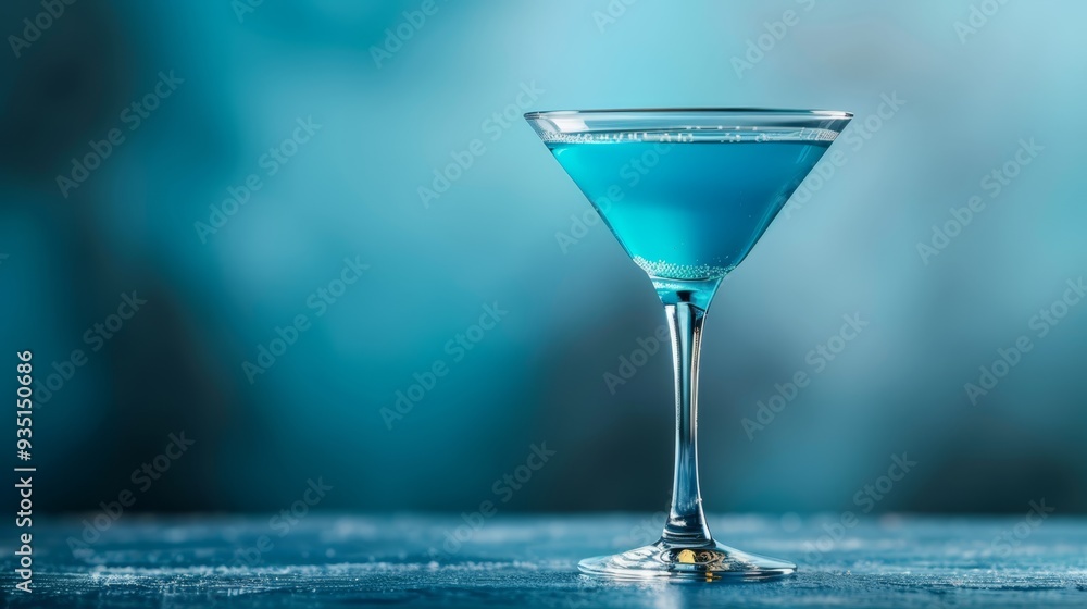 A blue beverage atop a wooden table, surrounded by two blue walls
