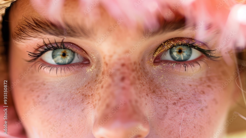 A tight shot of a woman's face, adorned with freckles dotting her temples and eyes A tight shot of a woman's face, adorned with freckles dotting her temples and eyes