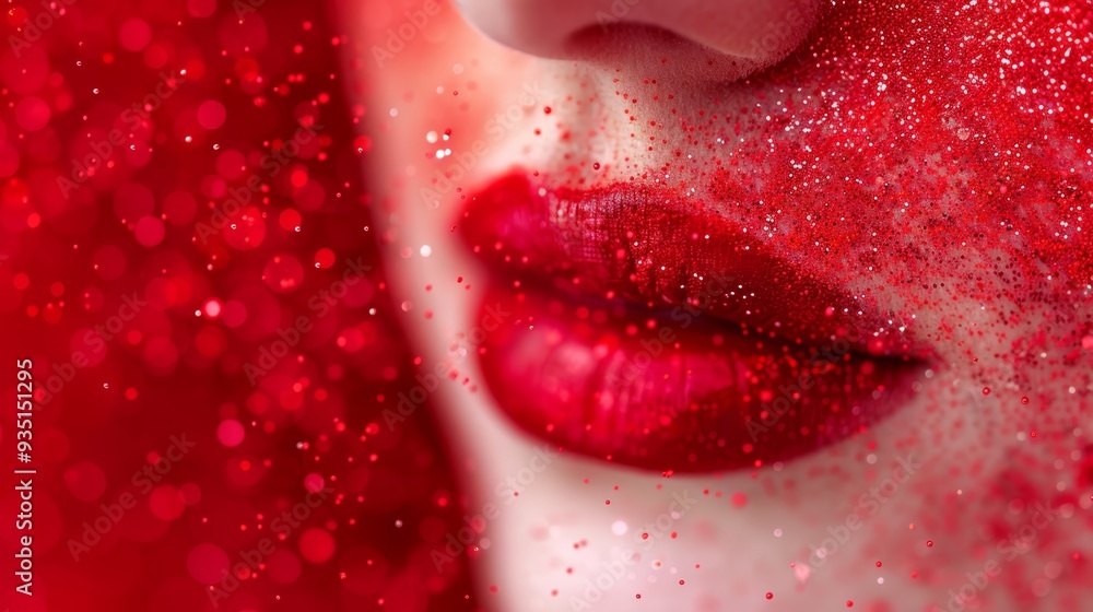 red lips, glittered visage against a vibrant red backdrop red lips, glittered visage against a vibrant red backdrop