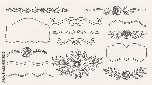 wavy border doodle elements black and white illustration, calligraphic design elements and page decoration