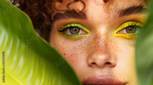  A close-up of a woman's face with green and yellow eyeshadow and freckled lashes