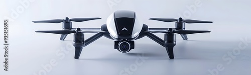 Modern drone with camera isolated on white. 