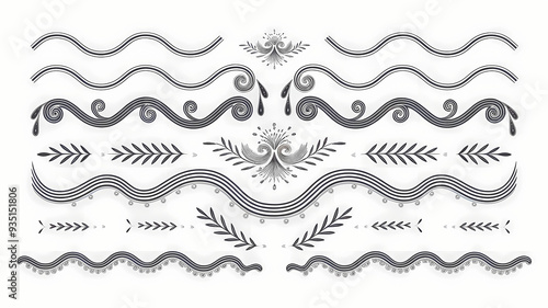 wavy border doodle elements black and white illustration, calligraphic design elements and page decoration