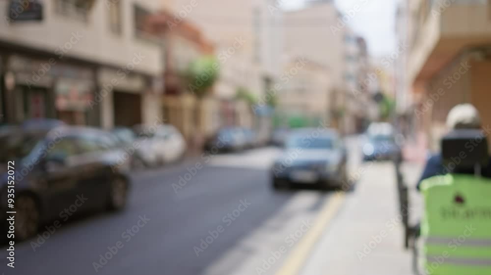 Blurry city street with cars and a person in focus on a bright day showcasing urban bokeh and movement in the town Blurry city street with cars and a person in focus on a bright day showcasing urban bokeh and movement in the town