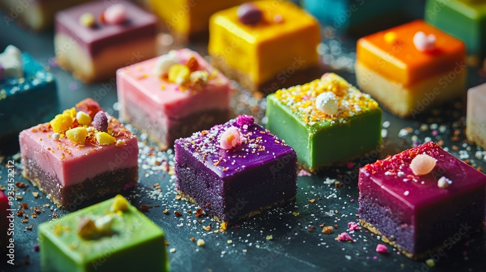 The image is a vibrant and appetizing close-up of assorted petit fours, each meticulously crafted and presented. The tiny cakes are topped with glossy, colorful glazes, some clear and shimmering The image is a vibrant and appetizing close-up of assorted petit fours, each meticulously crafted and presented. The tiny cakes are topped with glossy, colorful glazes, some clear and shimmering