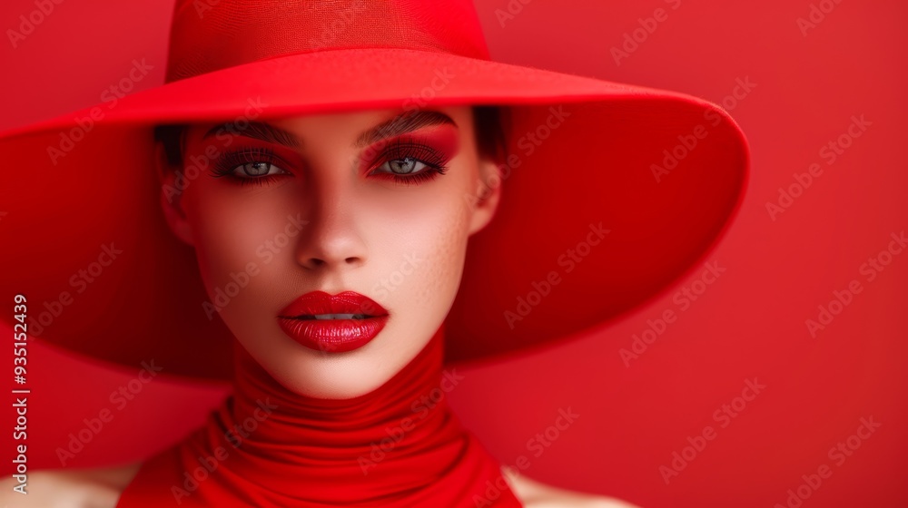 A woman dons a red hat and wears two red chokers A woman dons a red hat and wears two red chokers