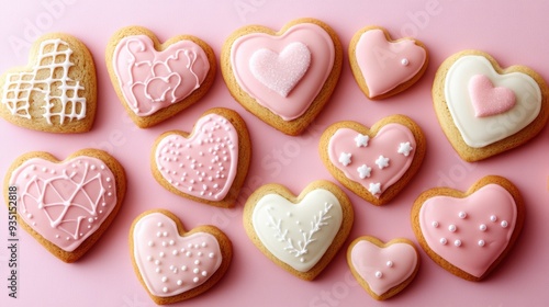 Assorted heart-shaped cookies with pink white icing on pastel background
