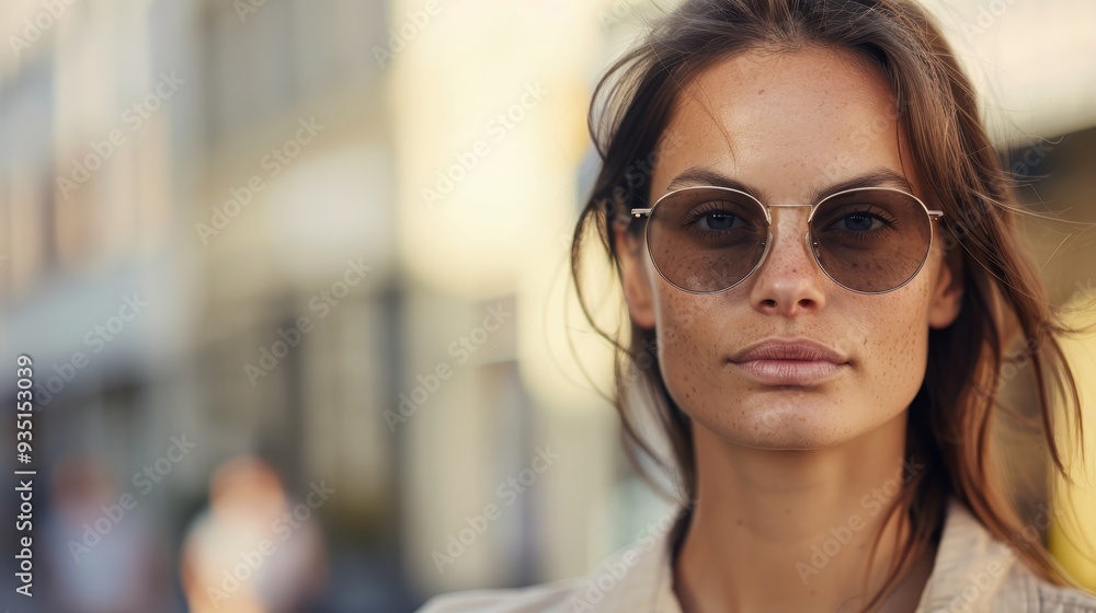 A tight shot of a person wearing sunglasses and a shirt, gazing intently at the camera with a grave expression A tight shot of a person wearing sunglasses and a shirt, gazing intently at the camera with a grave expression