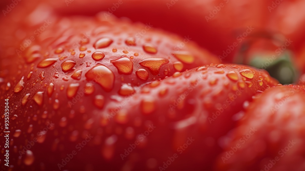A tight shot of multiple tomatoes, each with droplets of water clinging to their tops and bottoms A tight shot of multiple tomatoes, each with droplets of water clinging to their tops and bottoms