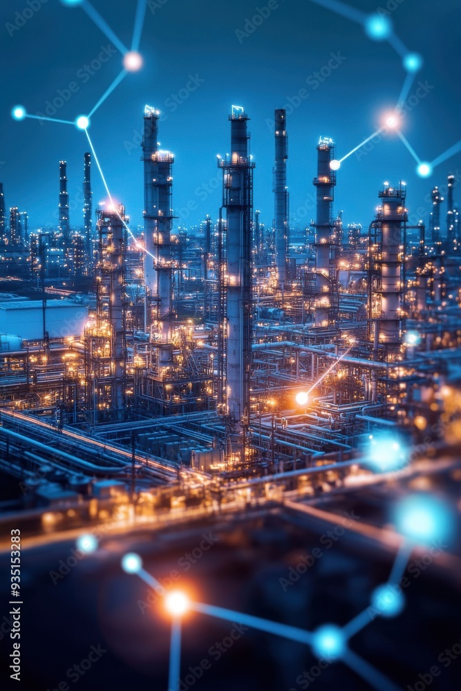 Fototapeta premium A detailed cityscape illustration featuring methane gas infrastructure, highlighting biogas plants and potential leak points