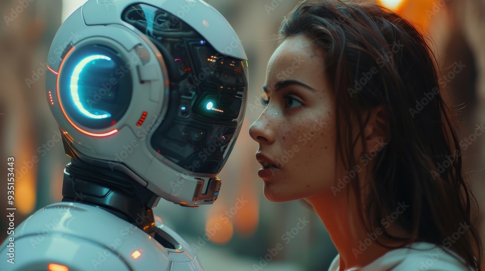 Woman opposite AI. The concept of the confrontation between humanity and artificial intelligence. Woman opposite AI. The concept of the confrontation between humanity and artificial intelligence.