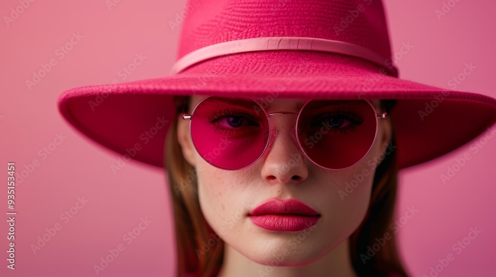 A women wearing a pink hat, with sunglasses over her eyes and the hat sitting atop her head A women wearing a pink hat, with sunglasses over her eyes and the hat sitting atop her head