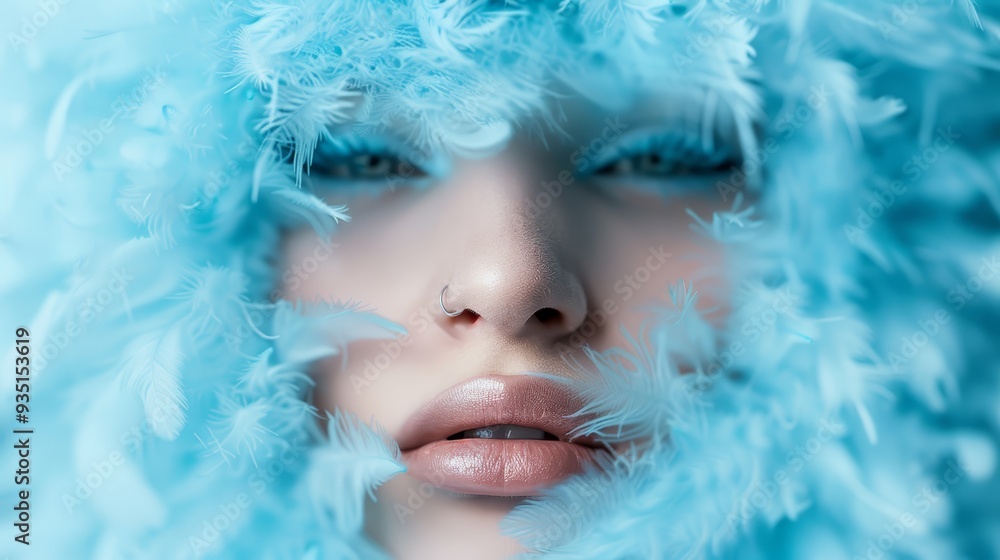 A woman's face, tightly framed by feathers, sports a single blue feather touching her cheek A woman's face, tightly framed by feathers, sports a single blue feather touching her cheek